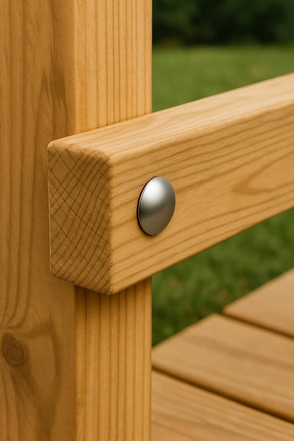 Silver 1/4-20 x 3/4 carriage bolt with domed head in light wood panel