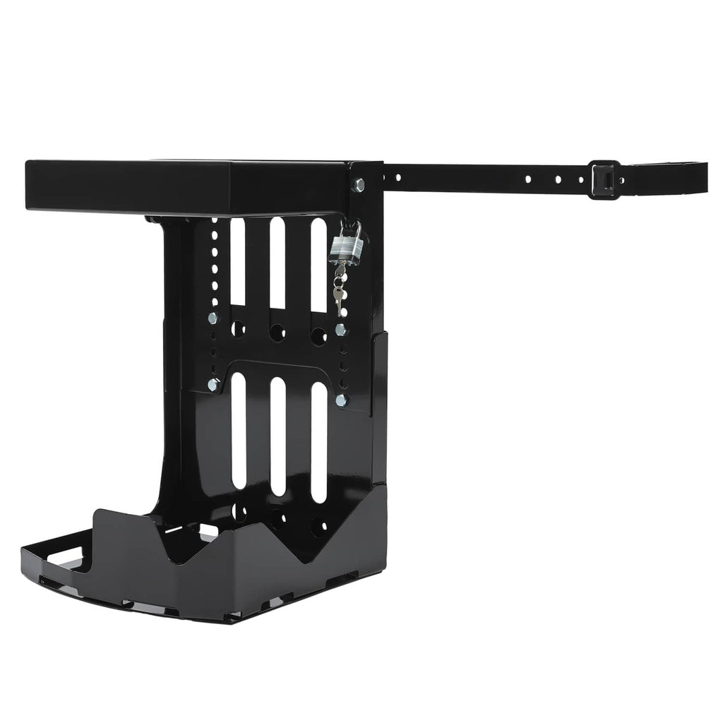 Black adjustable trailer rack mount with perforated panels and locking strap