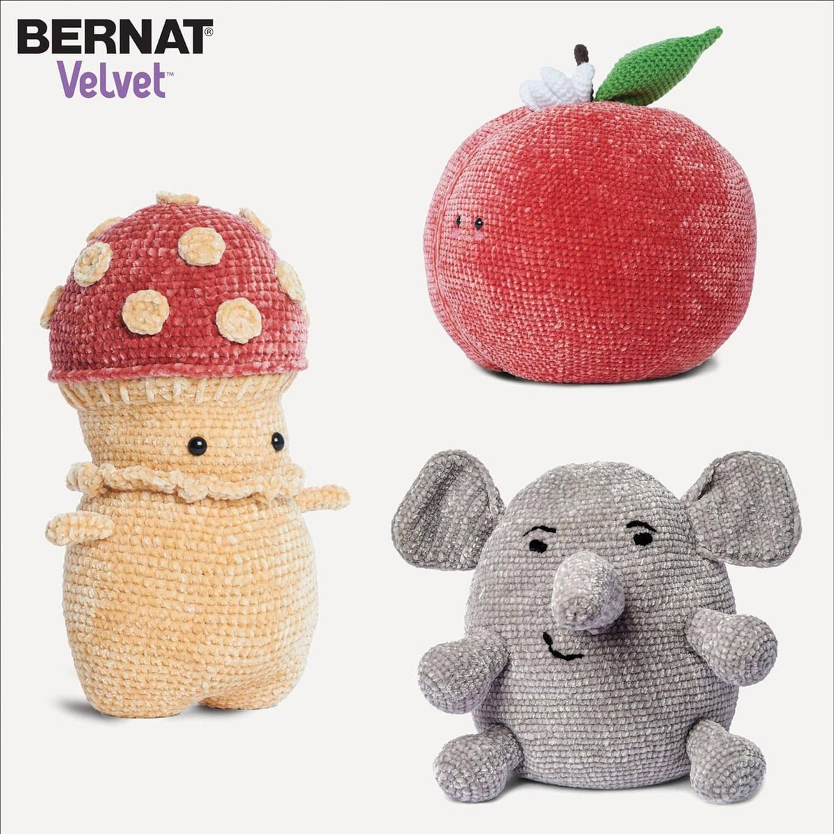 Stuffed animal plush made with textured knit yarn in red, tan, and gray