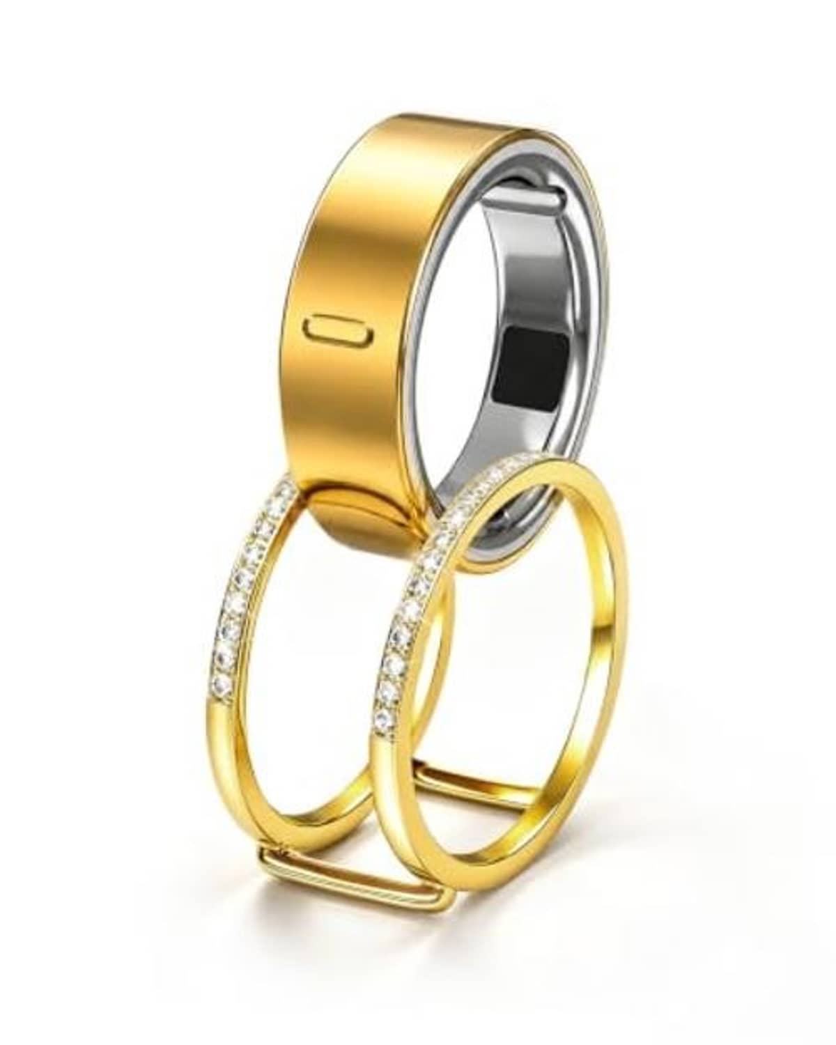 Gold-plated smart ring jacket with two slim gold bands and a silver inner ring