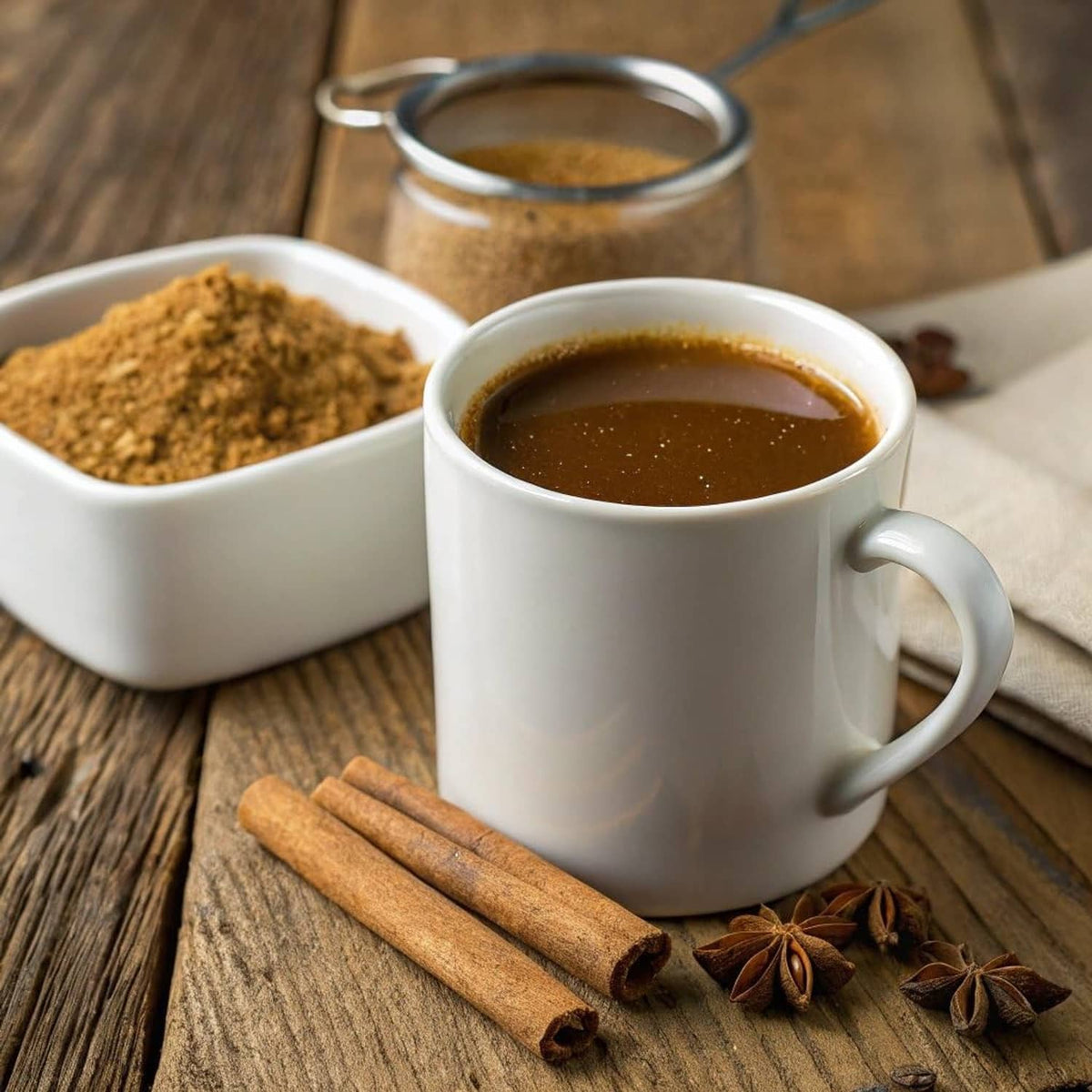 White coffee mug of light brown coffee with cinnamon sticks and coffee grounds