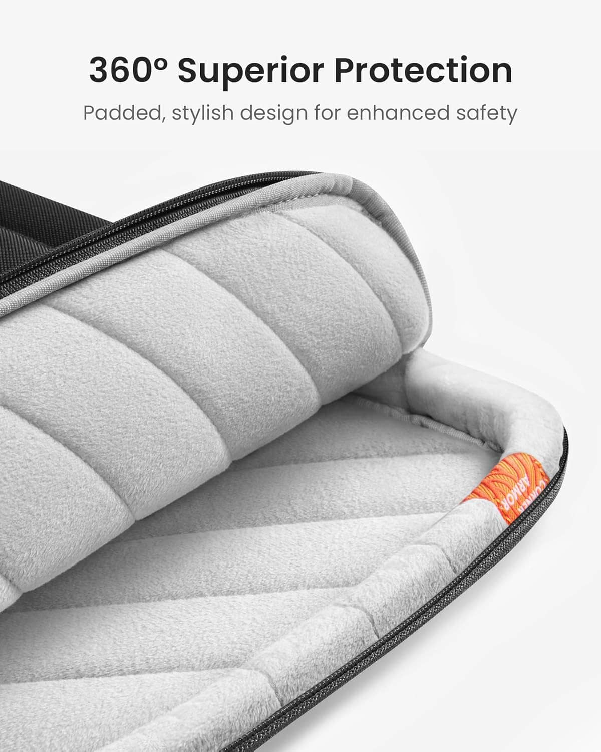 Padded protective laptop case with thick cushioning along the rounded edge.