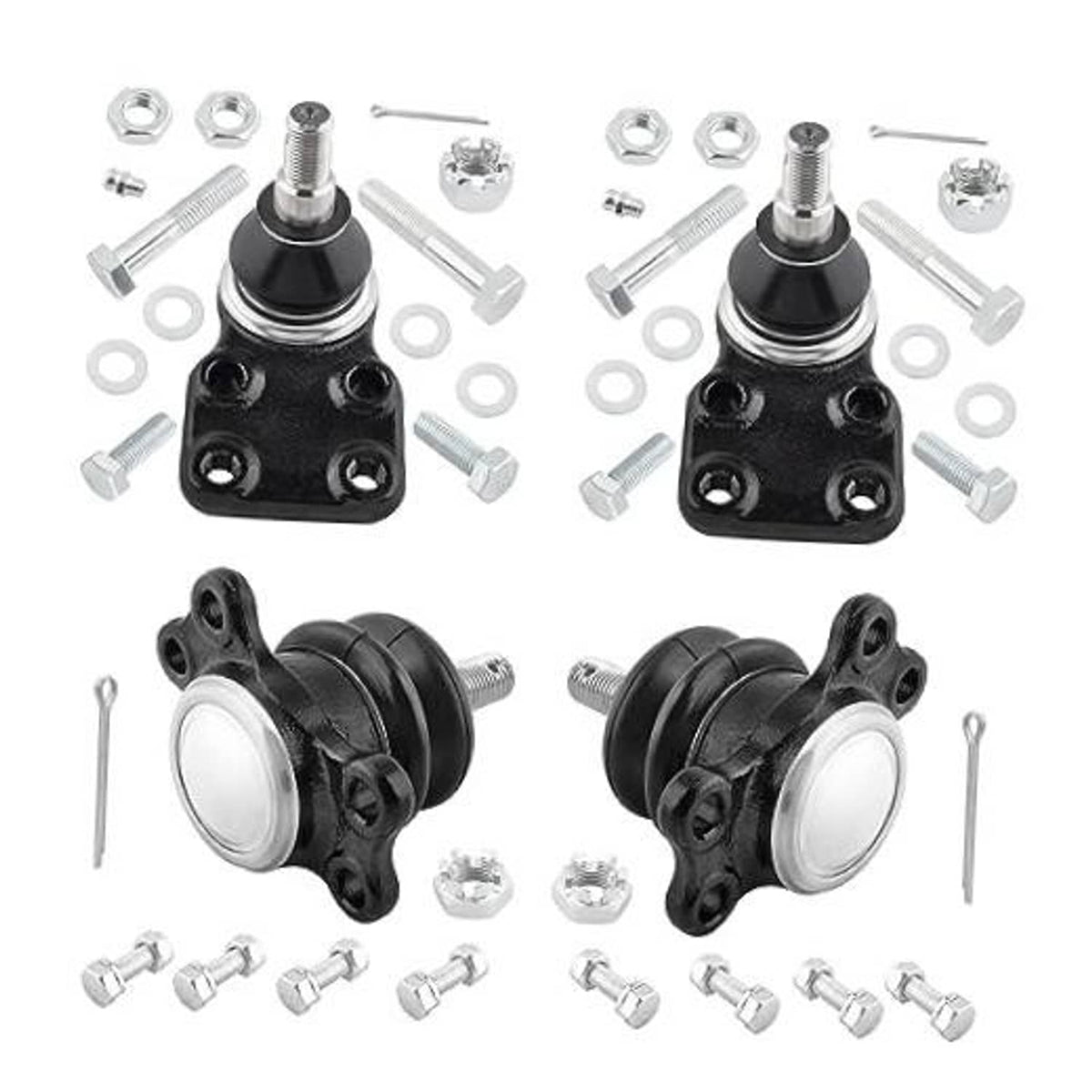 Set of 4 ball joints with black rubber boots, steel housings, and mounting hardware