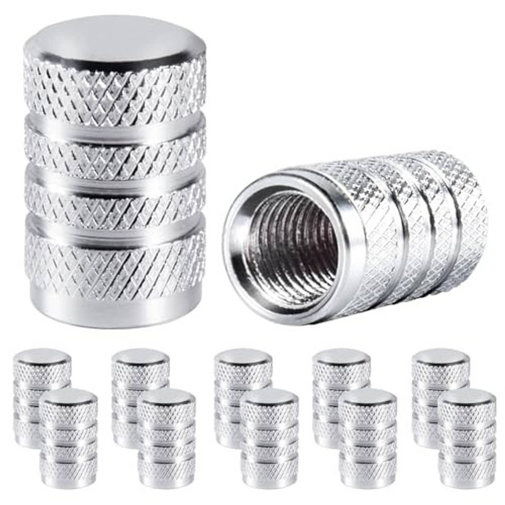 Silver tire valve stem caps with knurled grip and threaded interior, 10-piece set