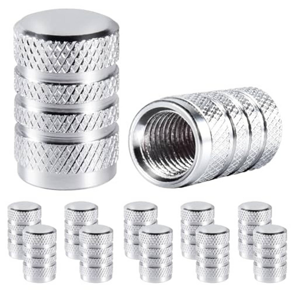 Silver tire valve stem caps with knurled grip and threaded interior, 10-piece set