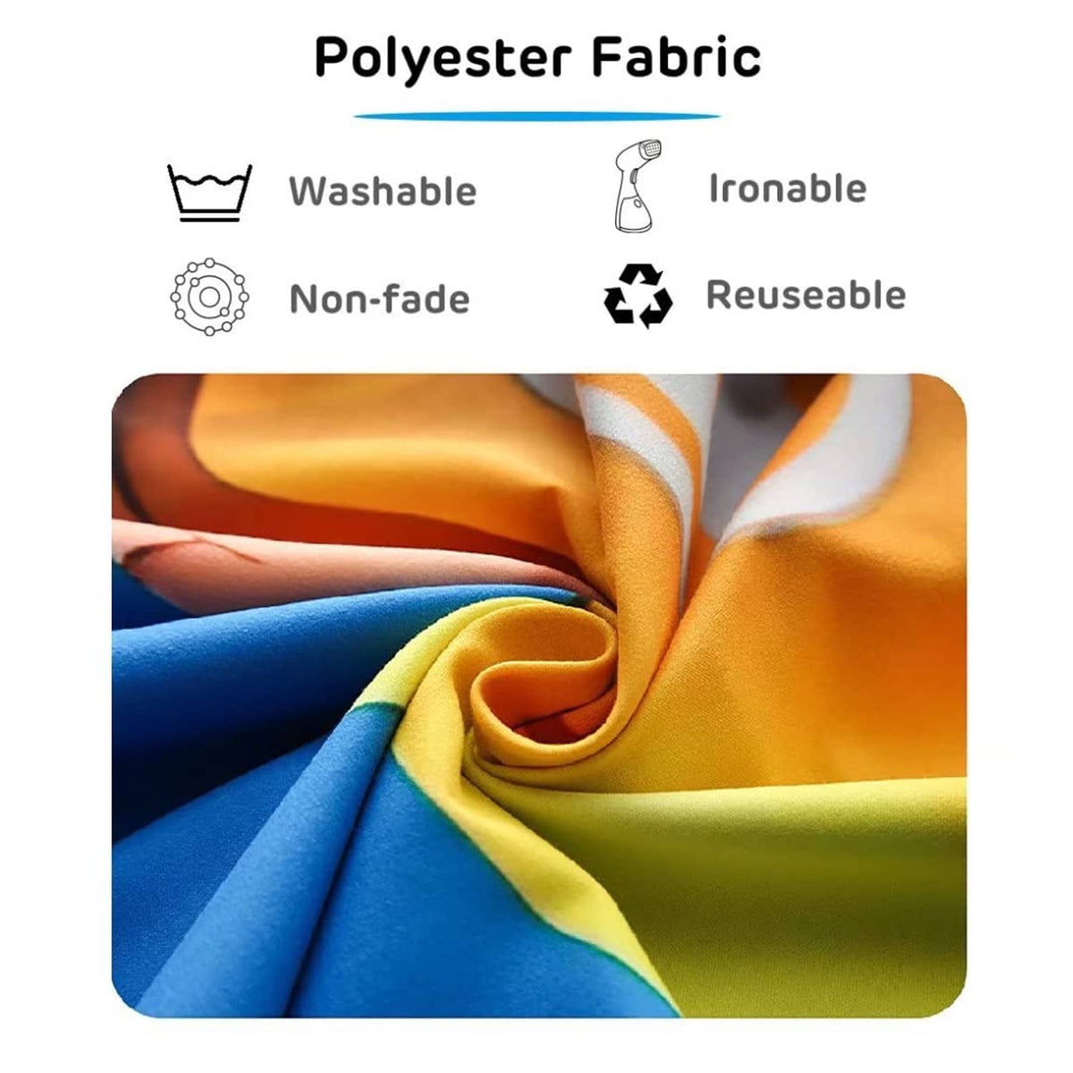 Polyester fabric swatch in yellow blue green with washable and non-fade icons