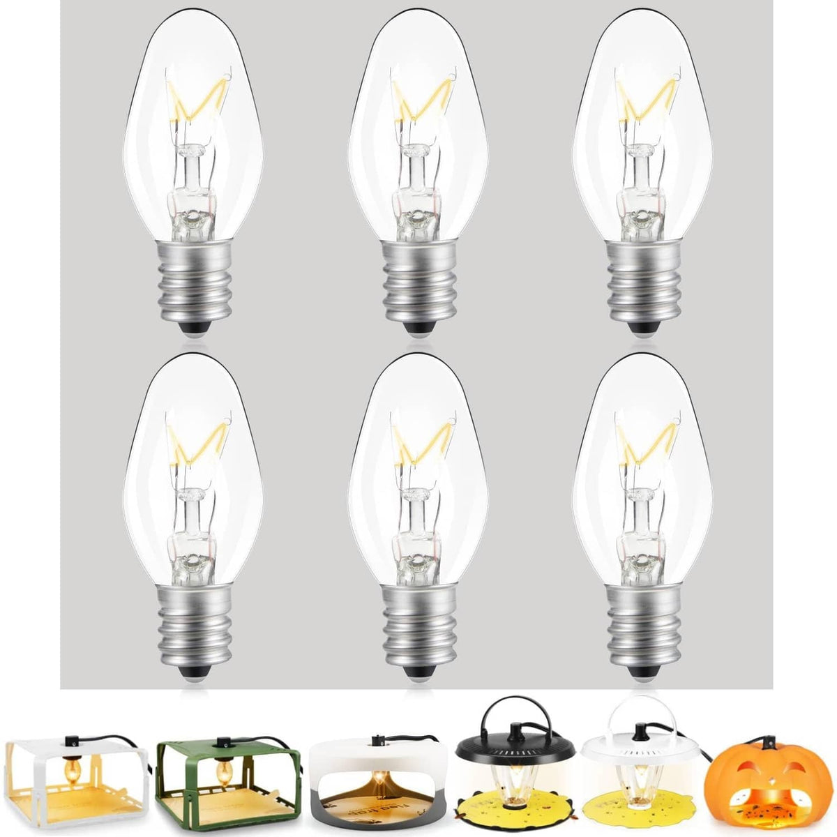 Set of 6 E12 replacement bulbs with clear glass and metal screw base, amber glow