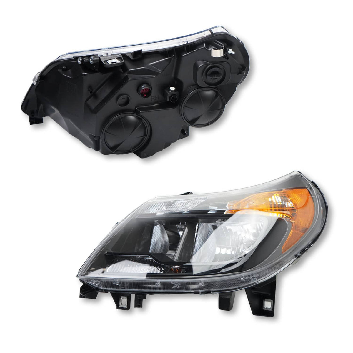 Headlight assembly with black back housing and front clear-lens reflector with amber corner