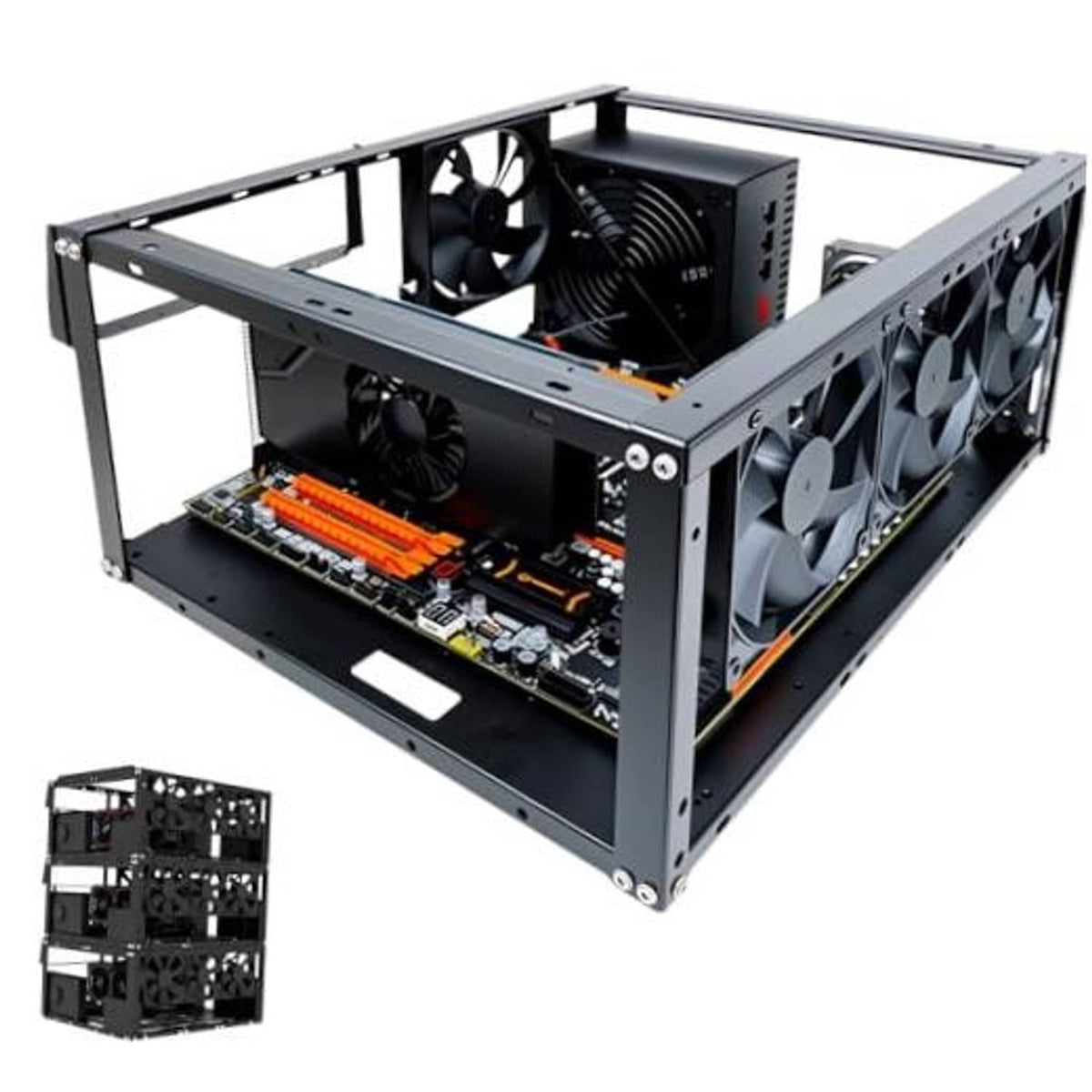 Open-frame PC case with black steel frame, GPU and motherboard mounting