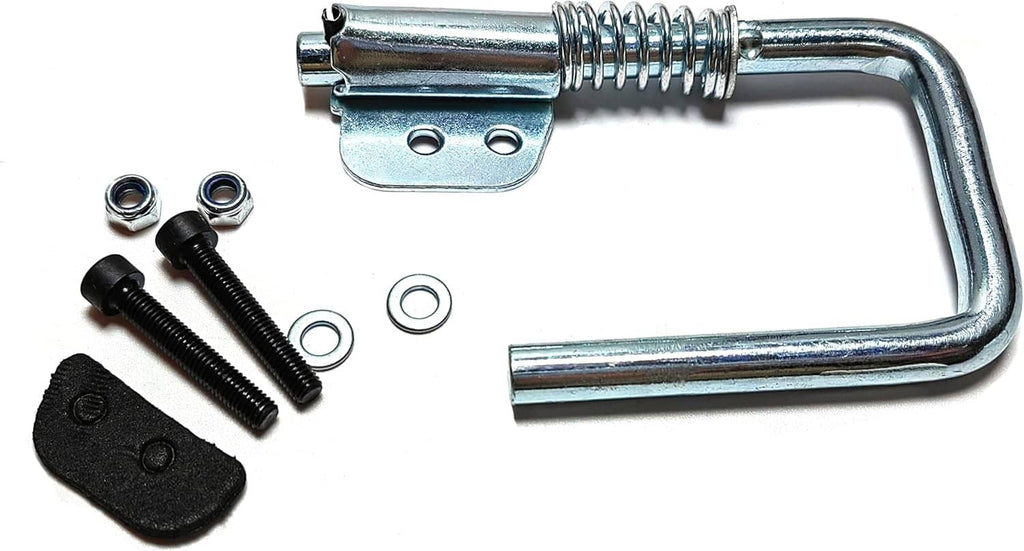 Spring-loaded rafter hook hanger with U-shaped hook, latch plate, screws, washers, nuts