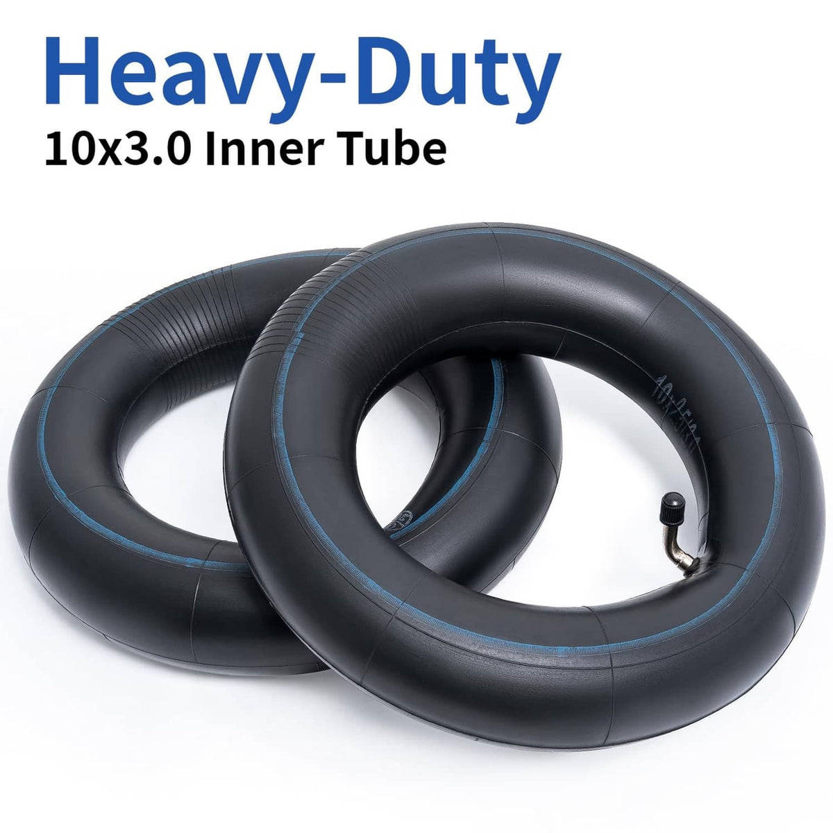 Stacked black 10x3.0 inner tube pair with blue rim stripe and valve stems