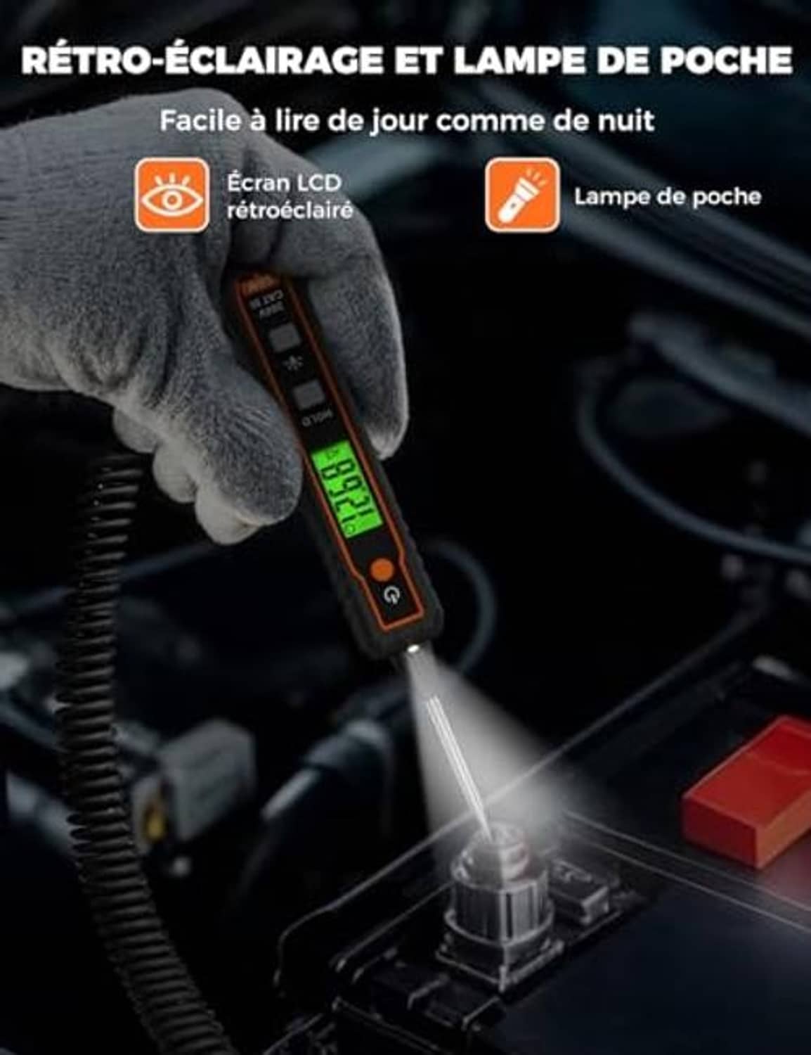Automotive circuit tester with backlit LCD screen and built-in flashlight