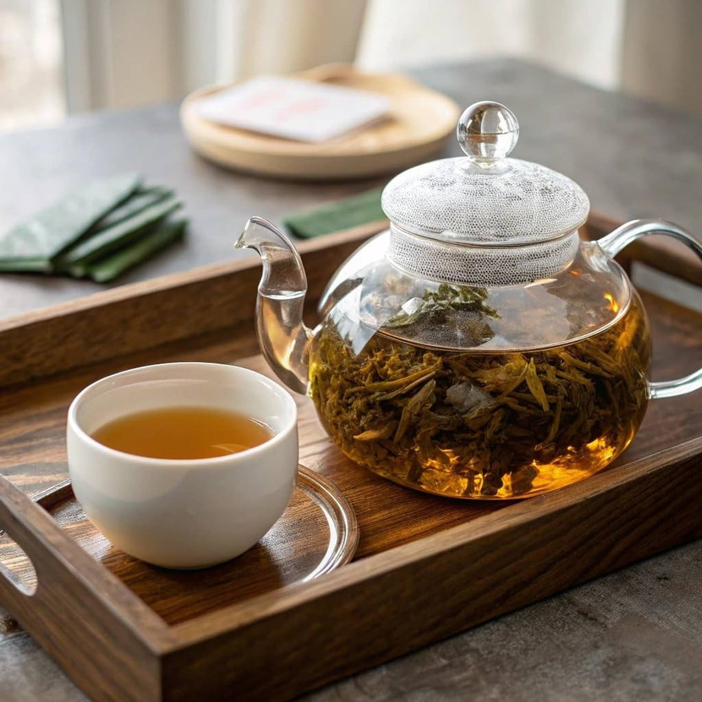 Glass teapot with metal infuser, cup of amber green tea, and dark green tea leaves