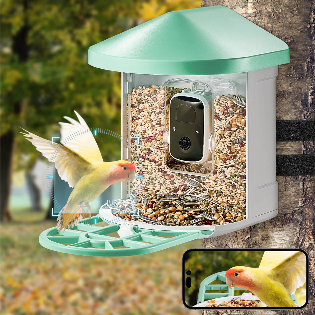 Smart bird feeder on a tree trunk with mint roof, seed-filled chamber, and black camera module.