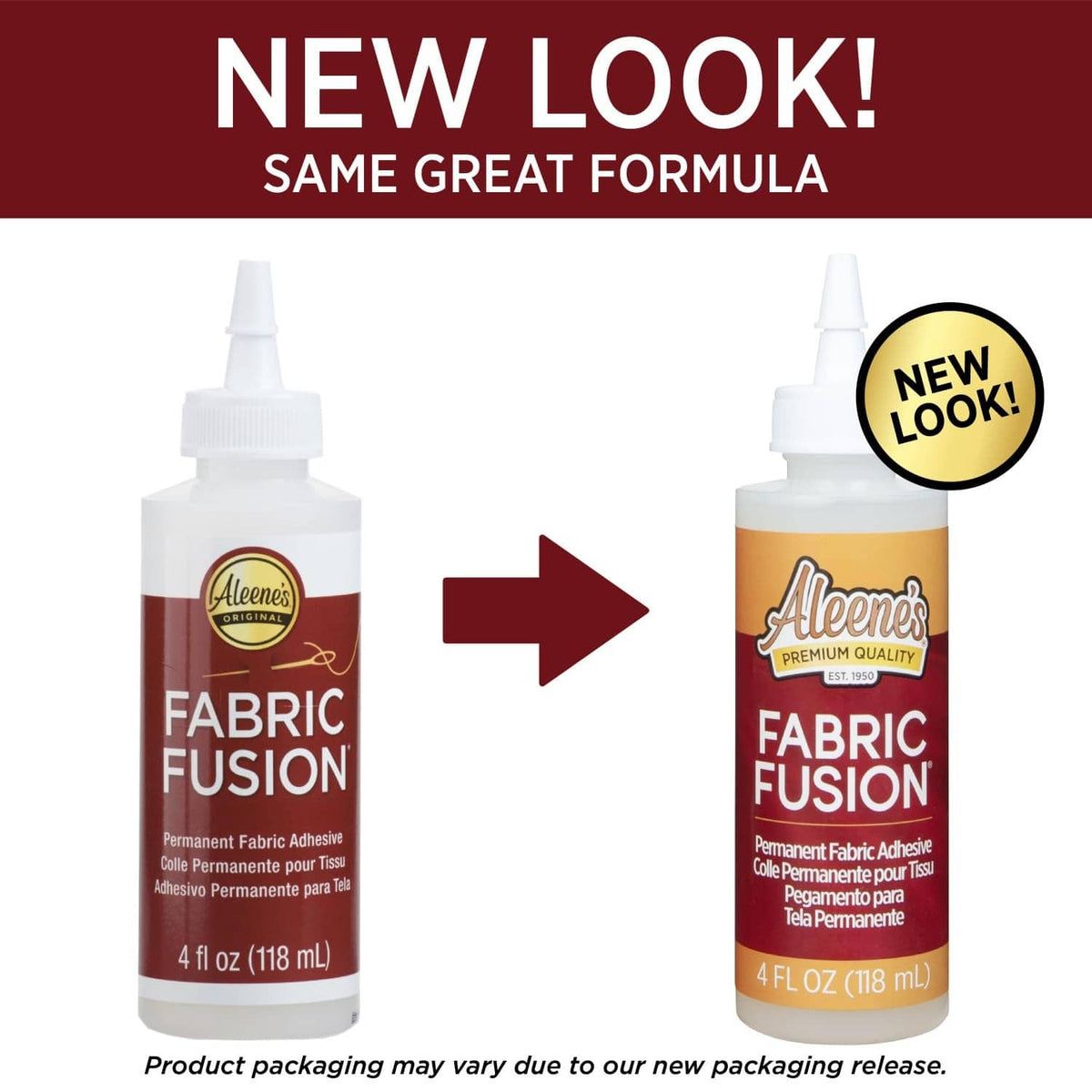 Aleene's Fabric Fusion bottles side by side showing new packaging look.