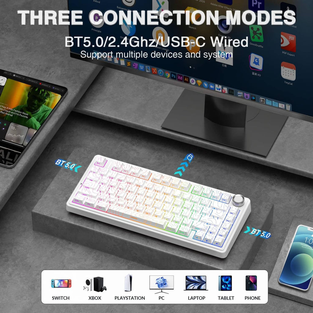 White 75% mechanical keyboard with knob, RGB backlight, angled desktop view