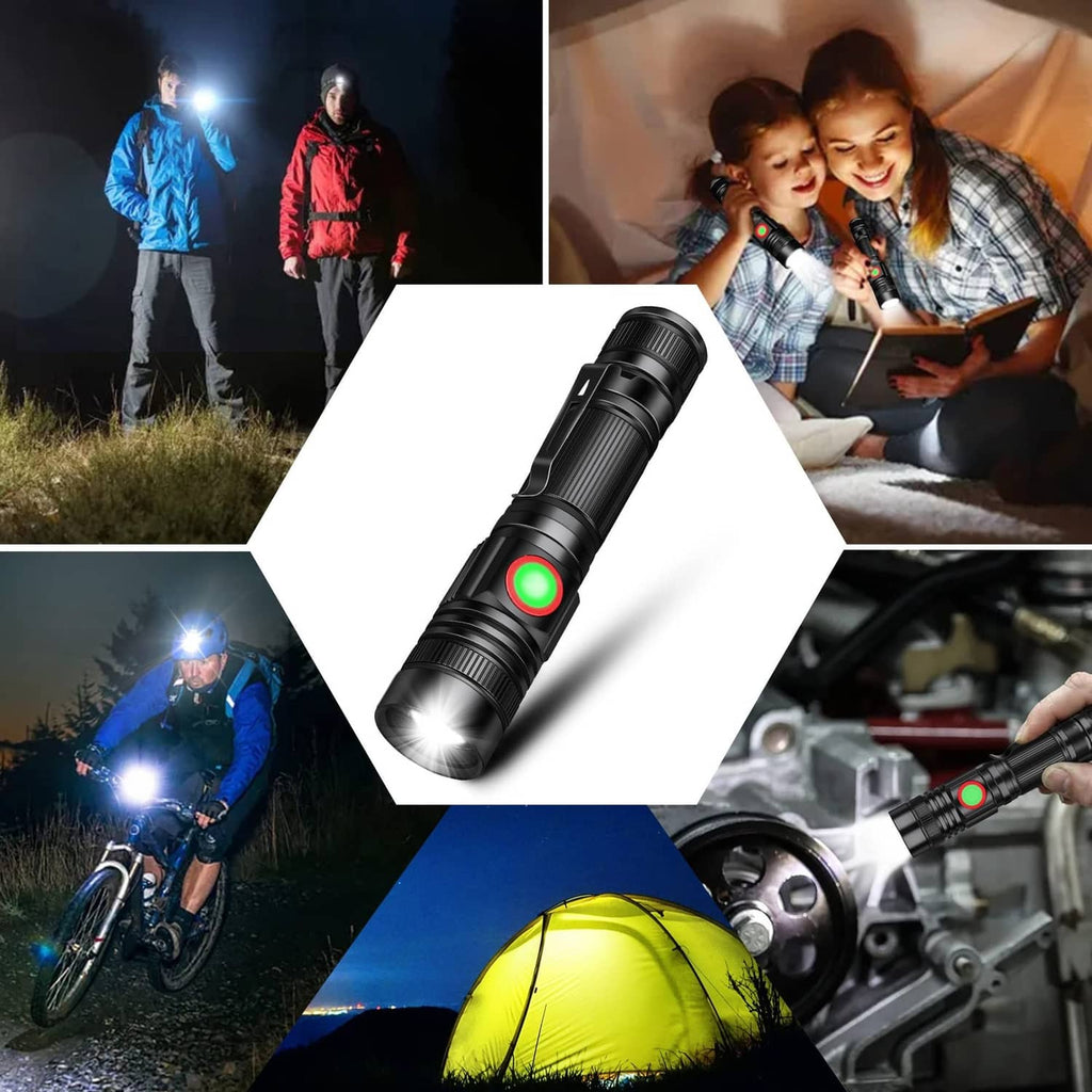 Black LED flashlight projecting a bright beam, with glowing green button