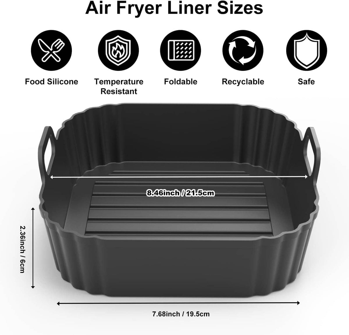Black square silicone air fryer liner with ridged base, sized about 7.7 x 8.5 in