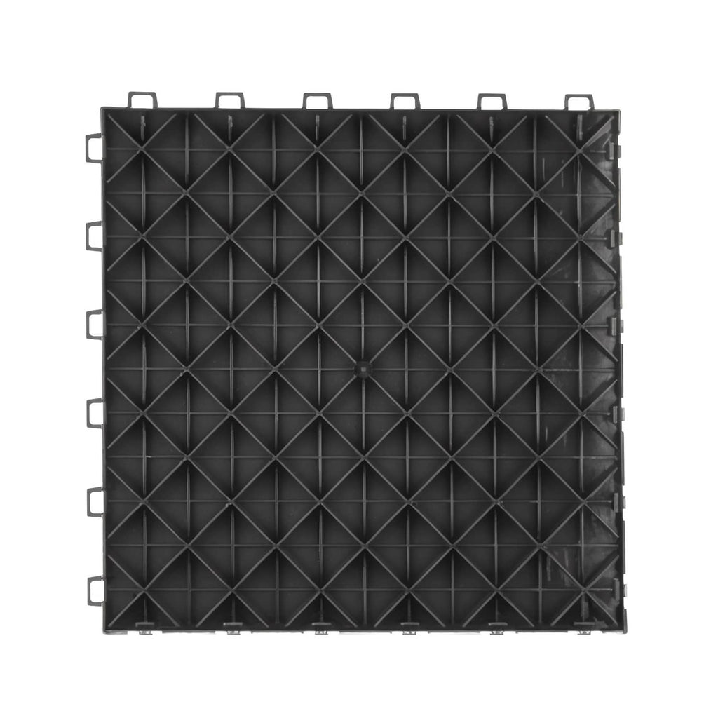 Black interlocking garage floor tile with raised diamond texture and snap tabs