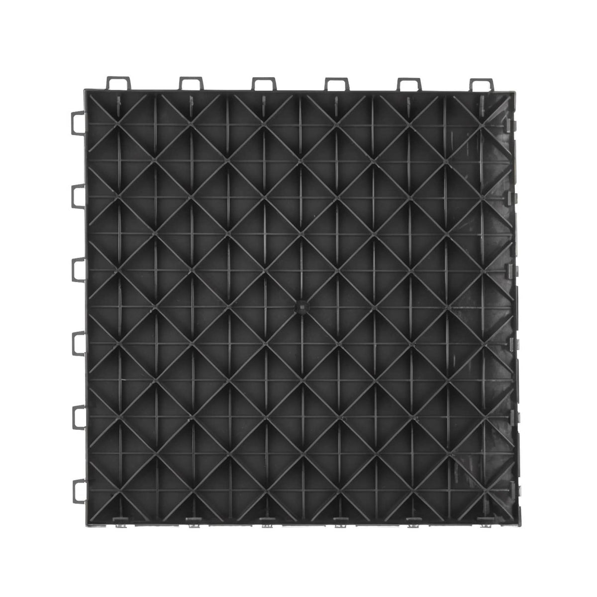 Black interlocking garage floor tile with raised diamond texture and snap tabs
