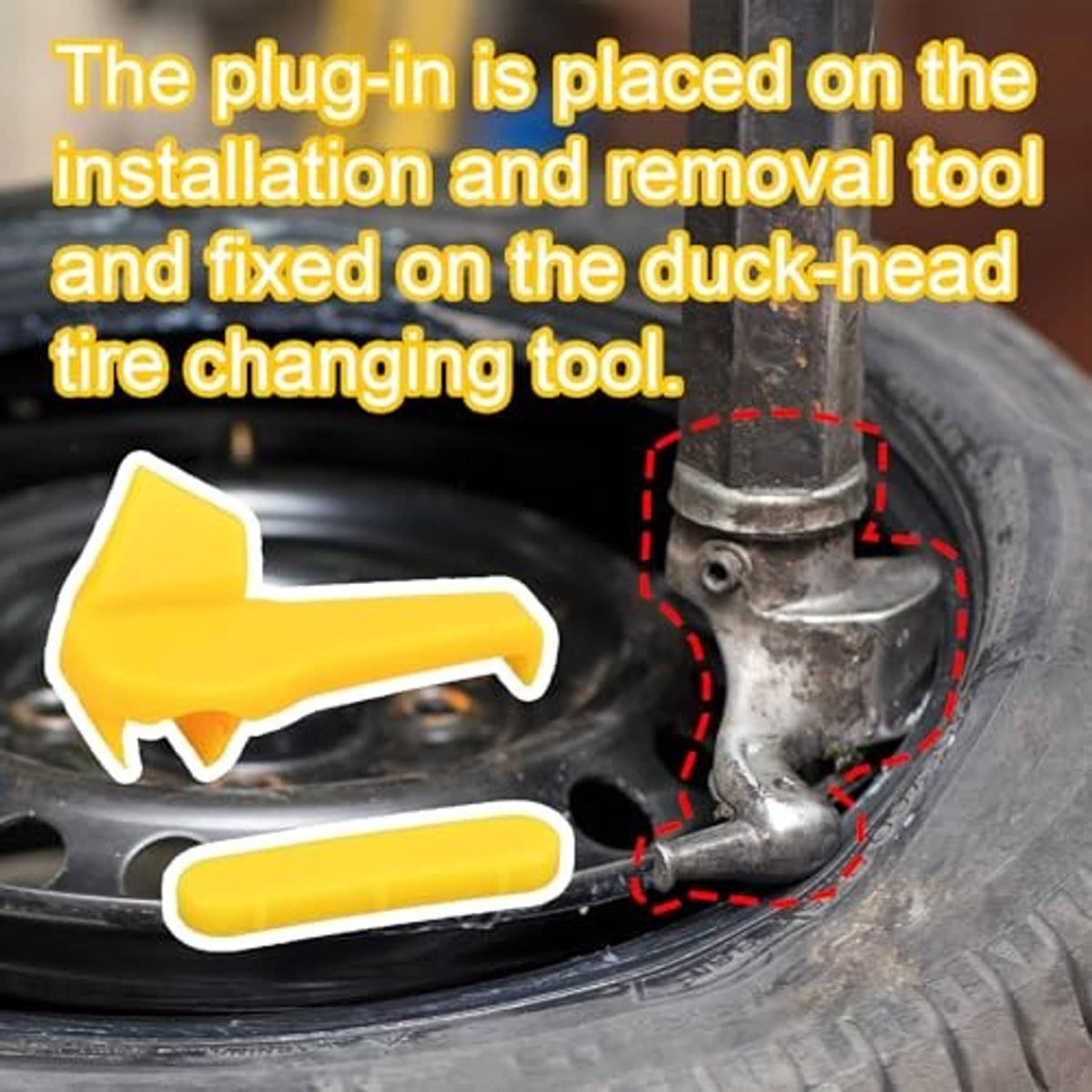 Yellow duck-head insert and bar on tire changer tool for rim protection