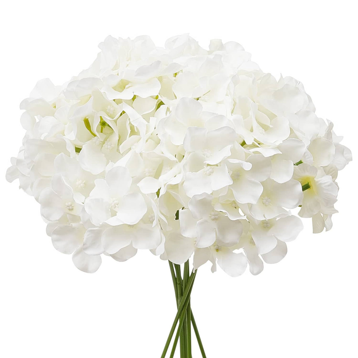 Artificial white hydrangea bouquet with dense silk-like petals and green stems