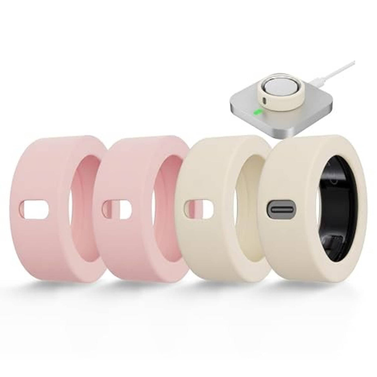 Pink and cream white silicone ring covers with charging port and snug fit design