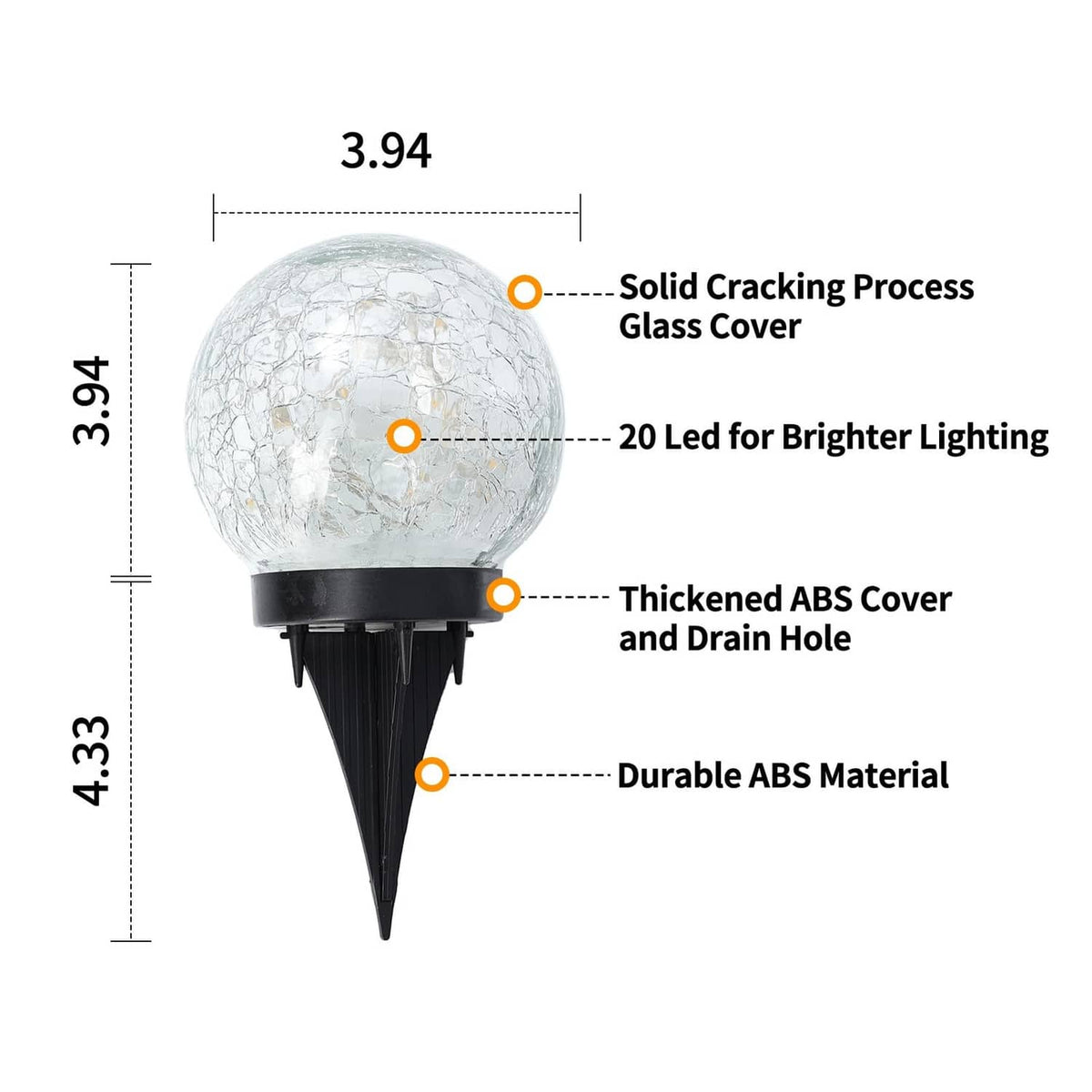 Solar glass globe light dimensions diagram with clear globe cover and spike base
