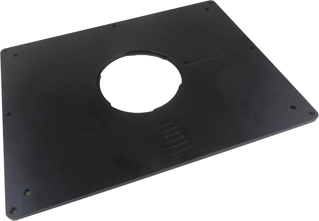 Black router table insert plate with a single large circular opening and four corner mounting holes.