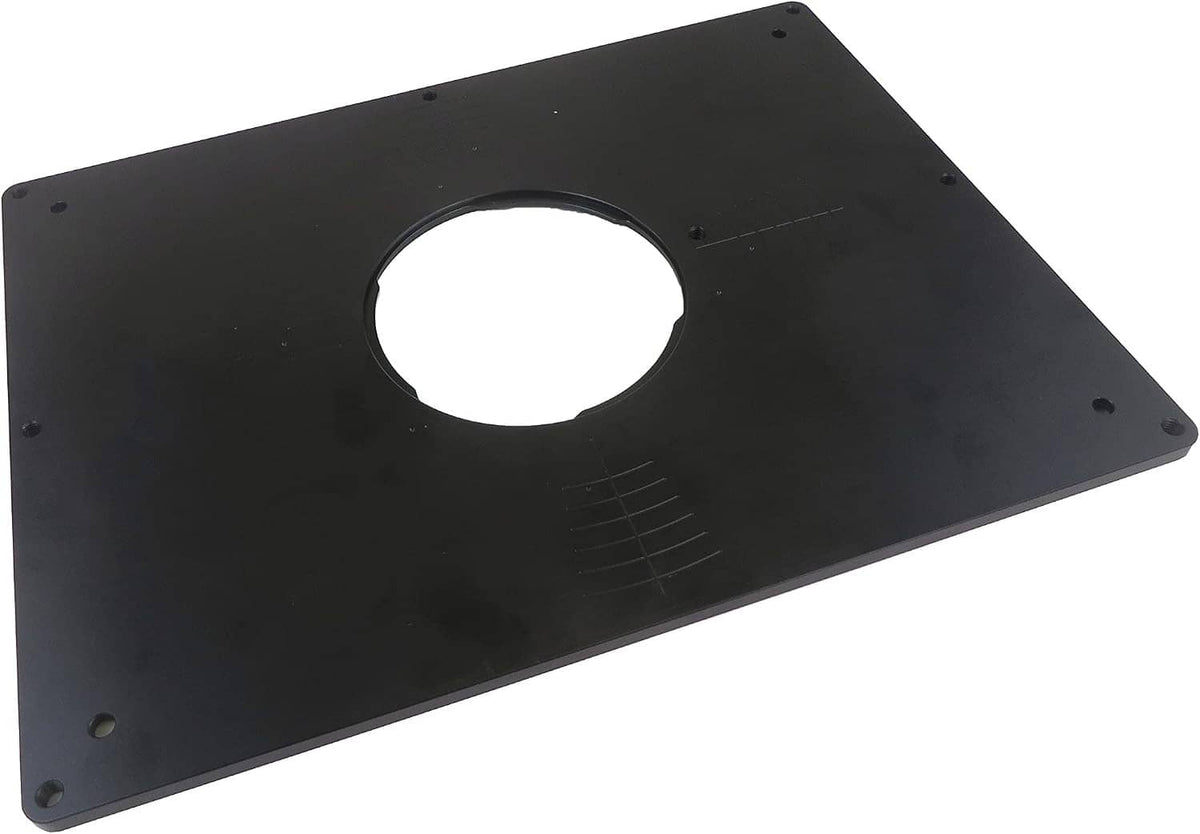 Black router table insert plate with a single large circular opening and four corner mounting holes.