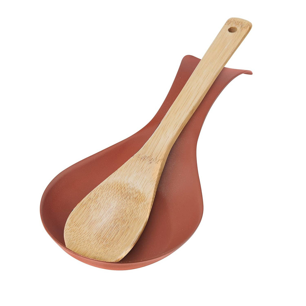 Brick-red spoon rest holding a light wood spoon with a flat handle