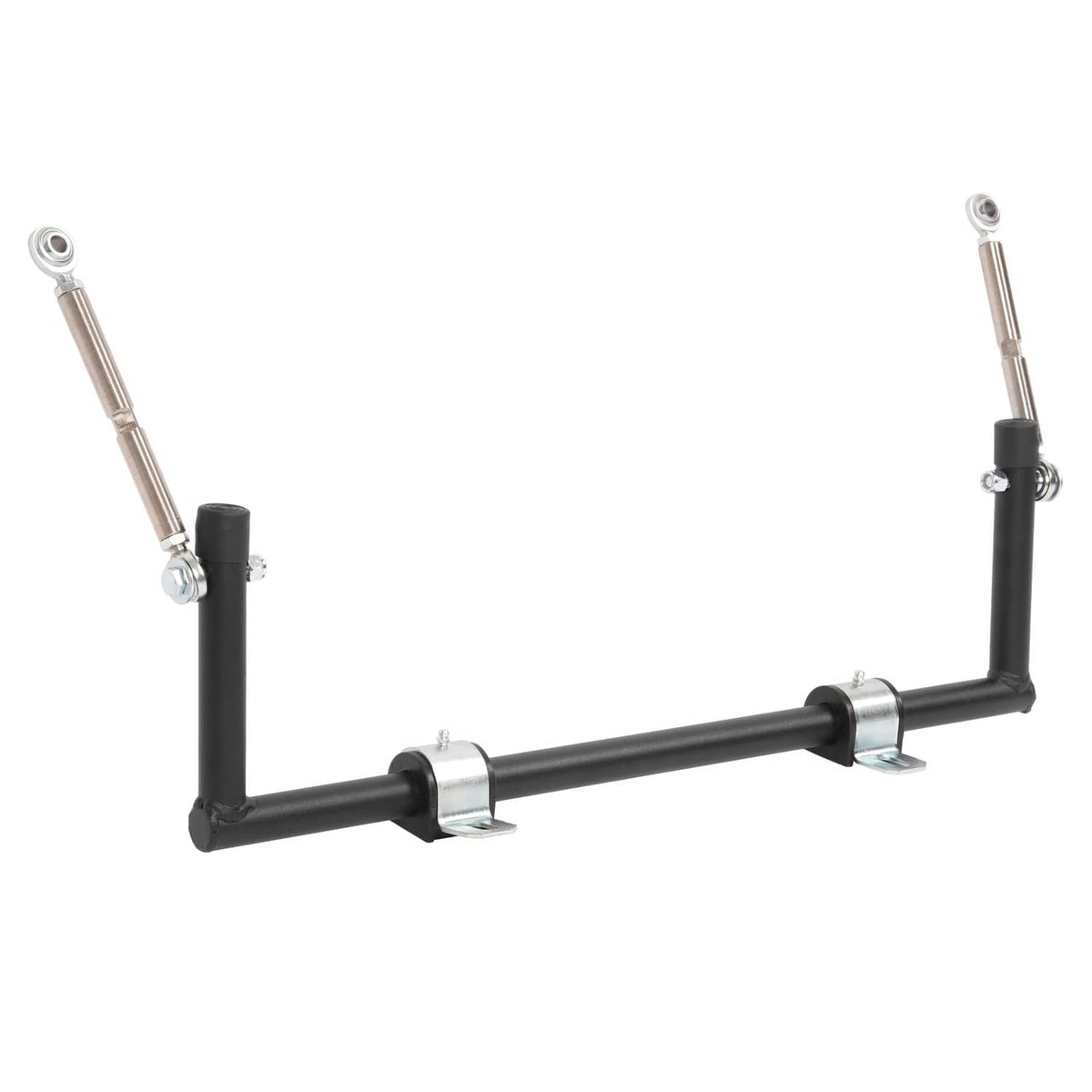 Anti-roll sway bar kit with black bar, silver brackets, and two threaded end links