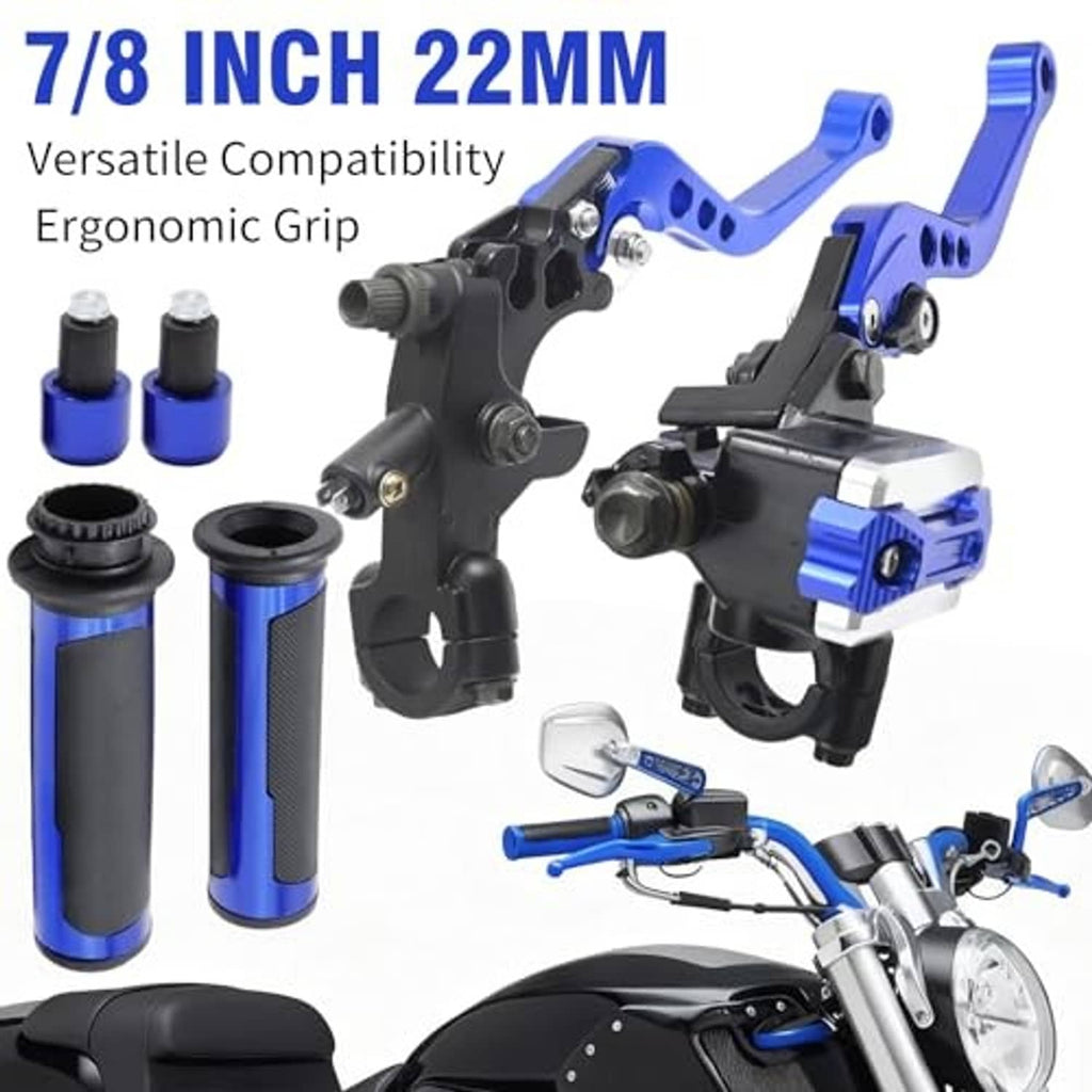 Motorcycle brake and clutch lever assembly with blue levers and textured black grip sleeves