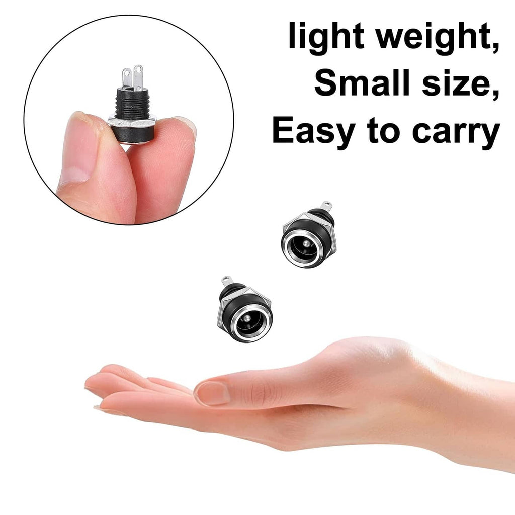 Black 5.5x2.1mm DC panel-mount power jack connector, compact with pins