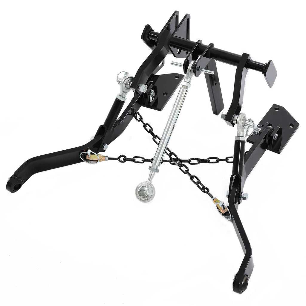 Rear 3-point hitch kit with black arms, chains, and adjustable center lift rod components