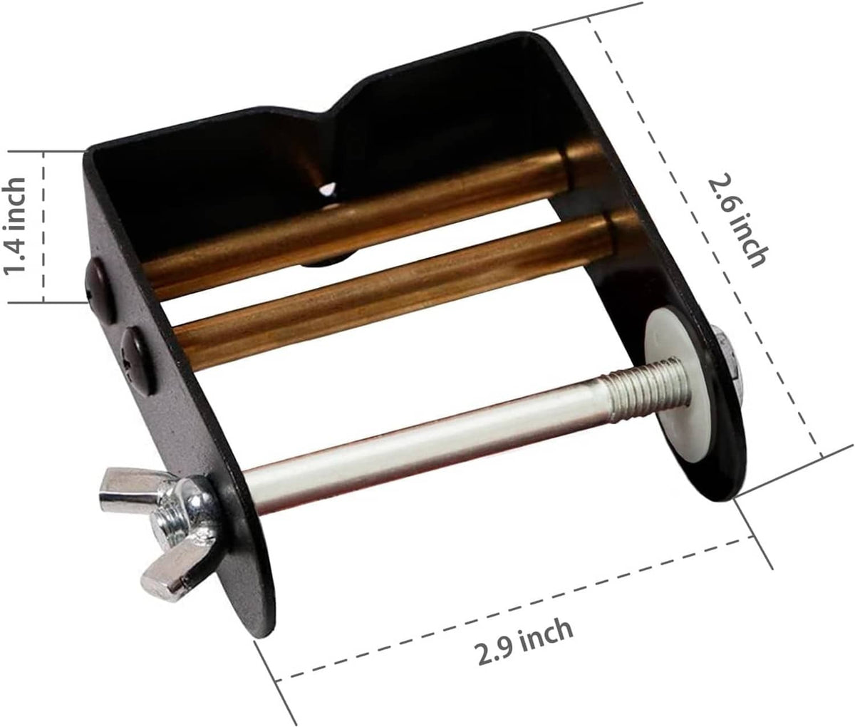 Bowstring serving thread jig with two gold rods and black base frame