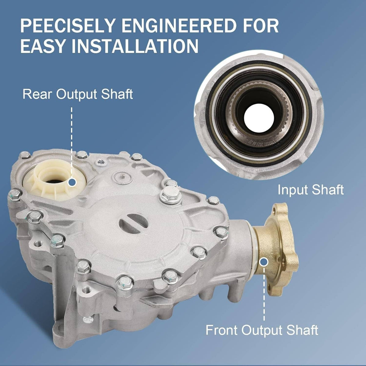 Transfer case power take-off unit showing input and output shaft ports
