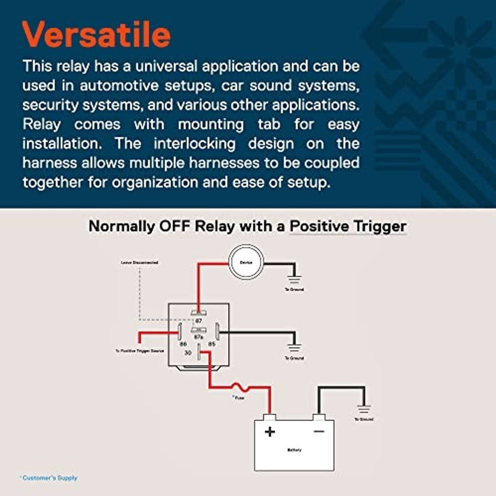 Relay wiring diagram showing normally-off relay with positive trigger and battery link