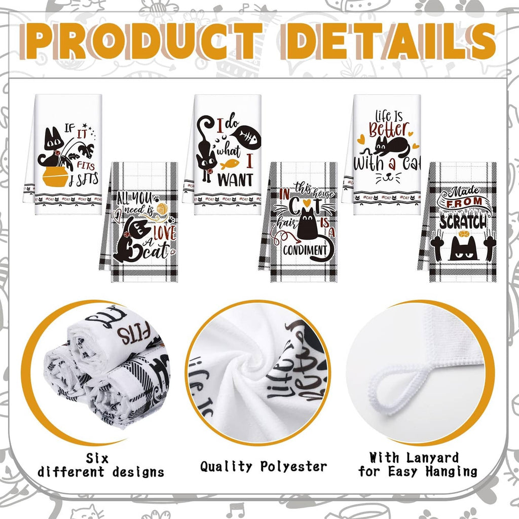 Set of 6 cat kitchen towels with hanging loops and varied black-and-white designs