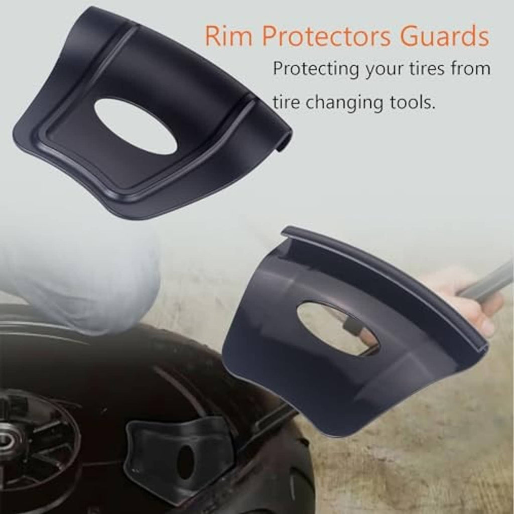 Wheel rim shield protectors and tire spoon levers with orange/black rubber handles