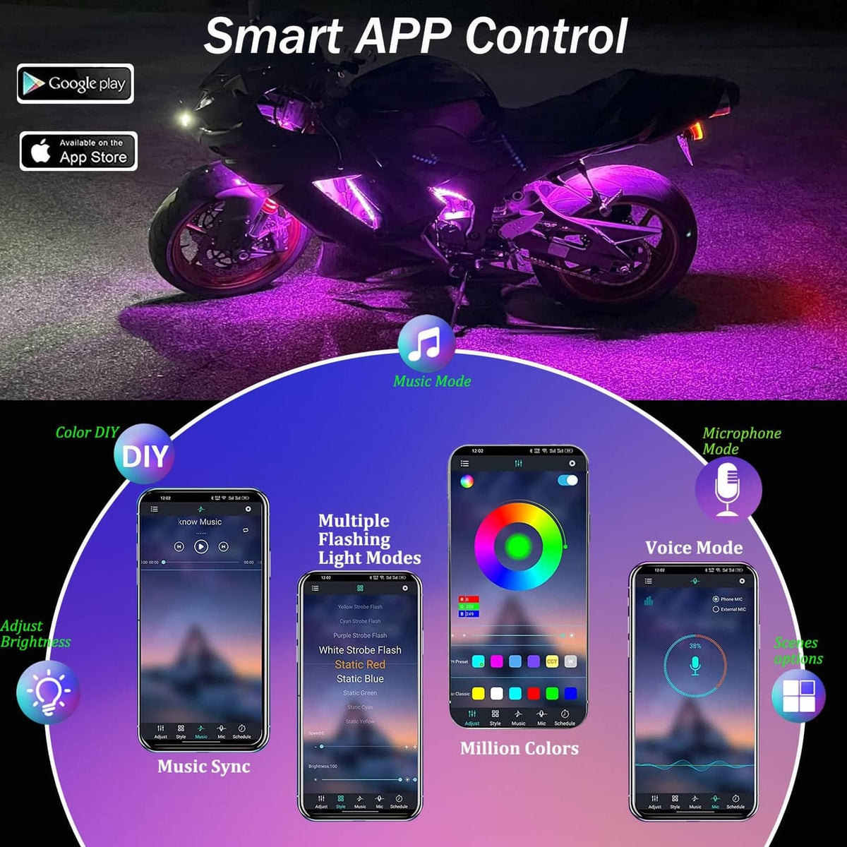 App-controlled multicolor motorcycle LED underglow kit with smartphone remote