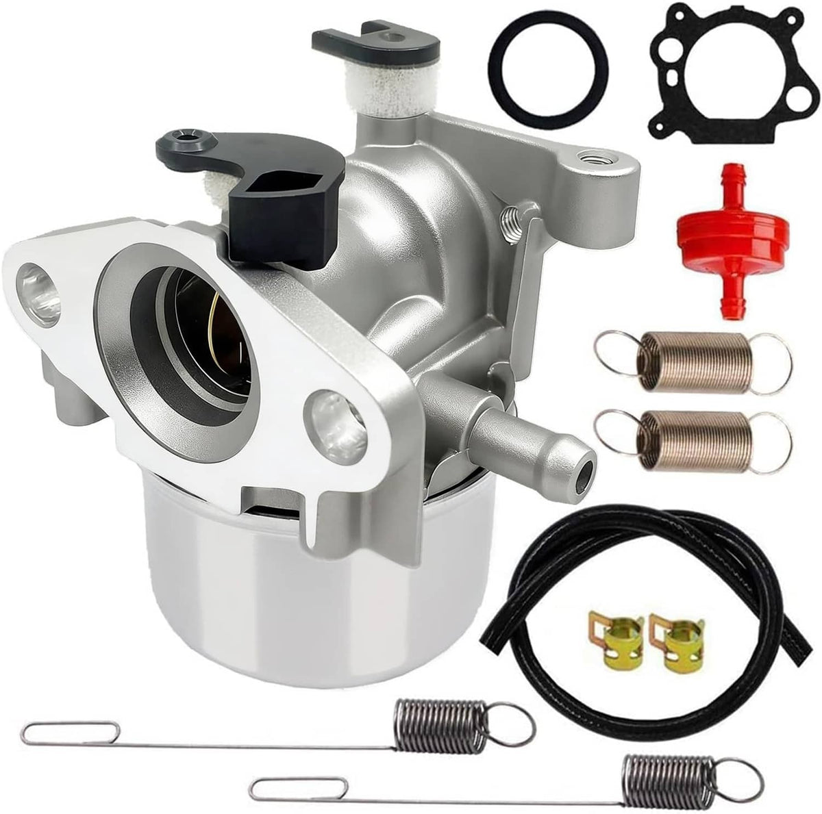 Carburetor replacement kit with carburetor, gasket, springs, hoses, and mounting parts