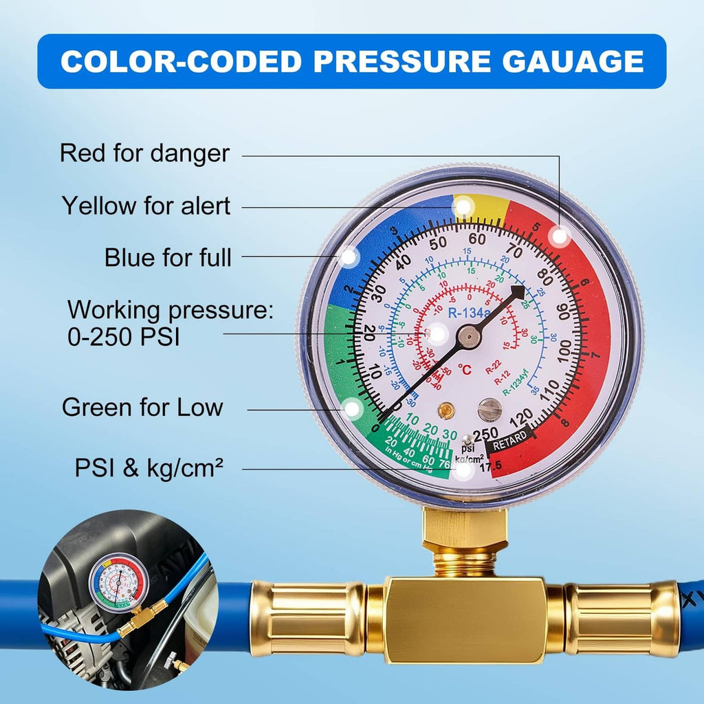 Color-coded pressure gauge with brass connection for AC refrigerant hose
