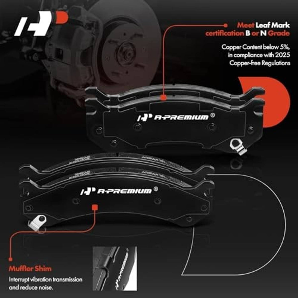 Ceramic brake pads set showing two pad shapes with backing plates and small kit pouch