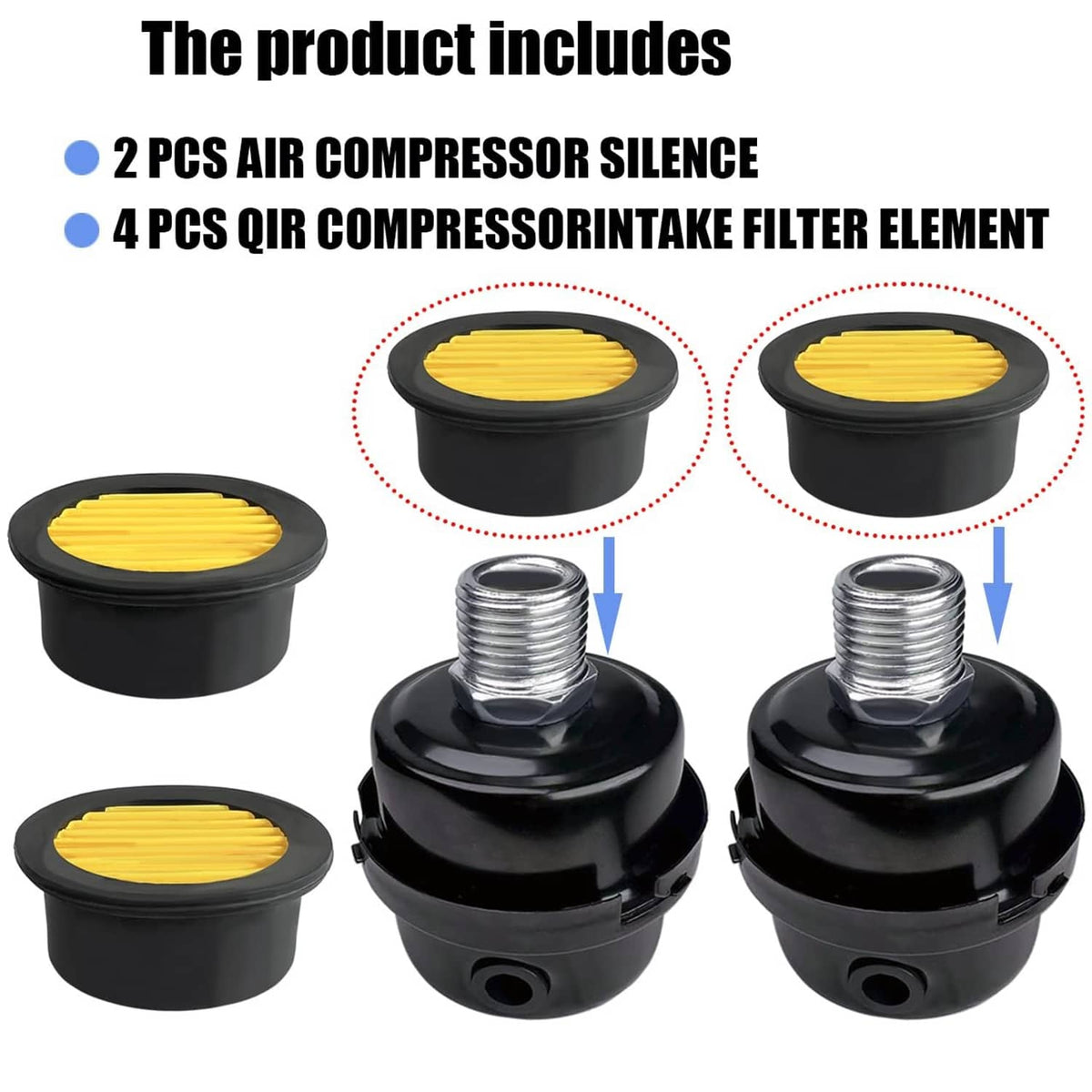 Air compressor silencer mufflers with black caps, yellow pleated filter inserts, and threaded fittings