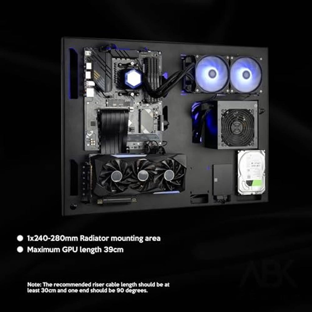 Wall-mounted gaming PC case, black with visible components and two blue-ring cooling fans