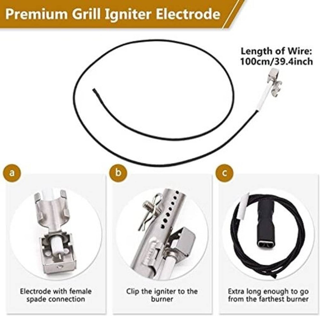 Premium grill igniter electrode with long black wire and spade connector parts