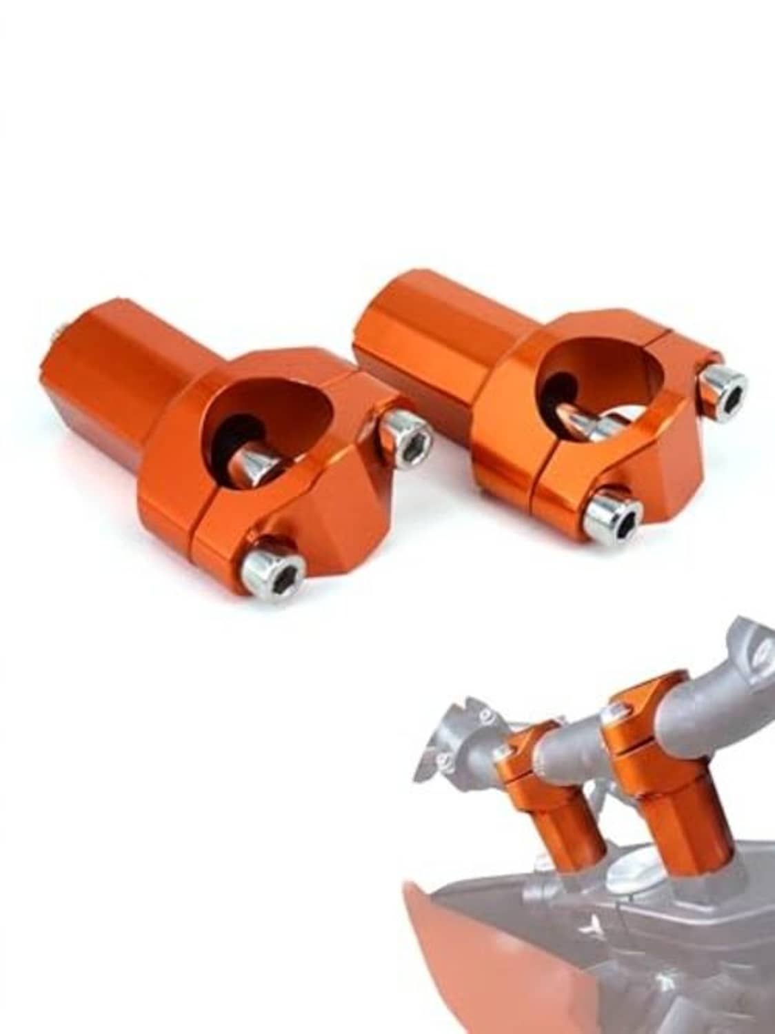Orange handlebar riser bar mounts with clamp holes and hex bolts, two-piece set