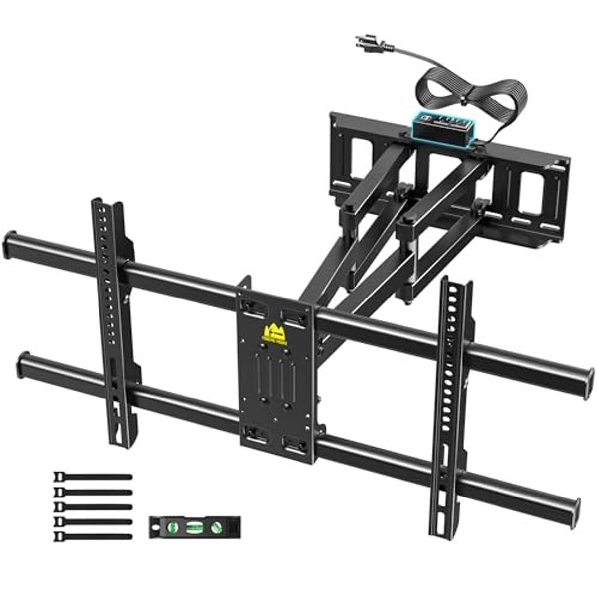 Full-motion TV wall mount with power outlets, black bracket and rails with included hardware