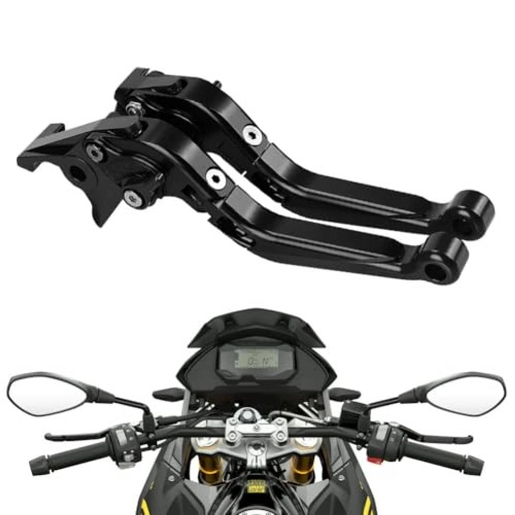 Black folding motorcycle brake lever with clamp mount, mounted on handlebars